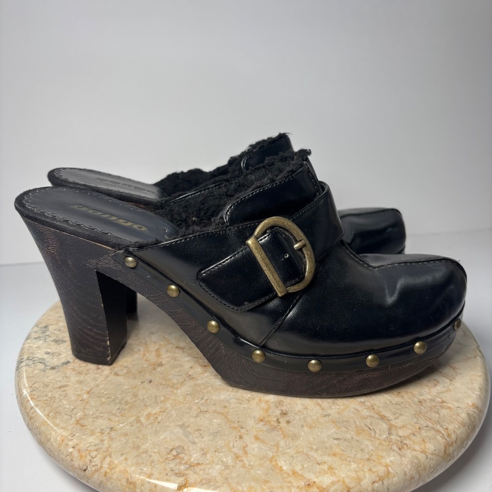 Bongo Clog Mules‎ Women Black Faux Fur Lined Studded Platform Block Heel Y2K